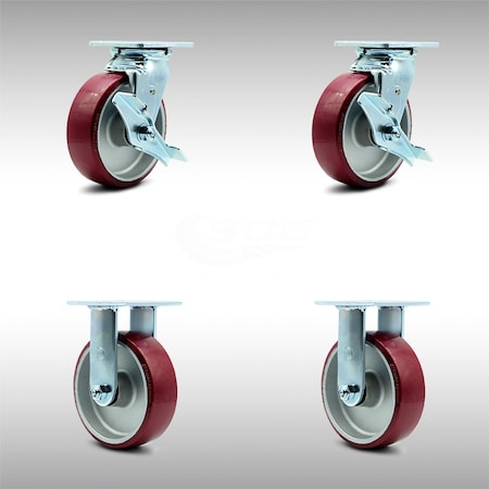 6 Inch SS Poly On Aluminum Caster Set With Roller Bearings 2 Brakes 2 Rigid SCC